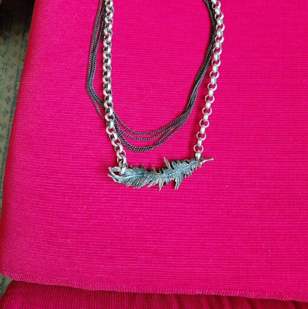 Bronze Feather Pendant Multi-Strand Necklace in Antique Silver and Gunmetal - Picture 4 of 8